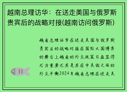 越南总理访华：在送走美国与俄罗斯贵宾后的战略对接(越南访问俄罗斯)